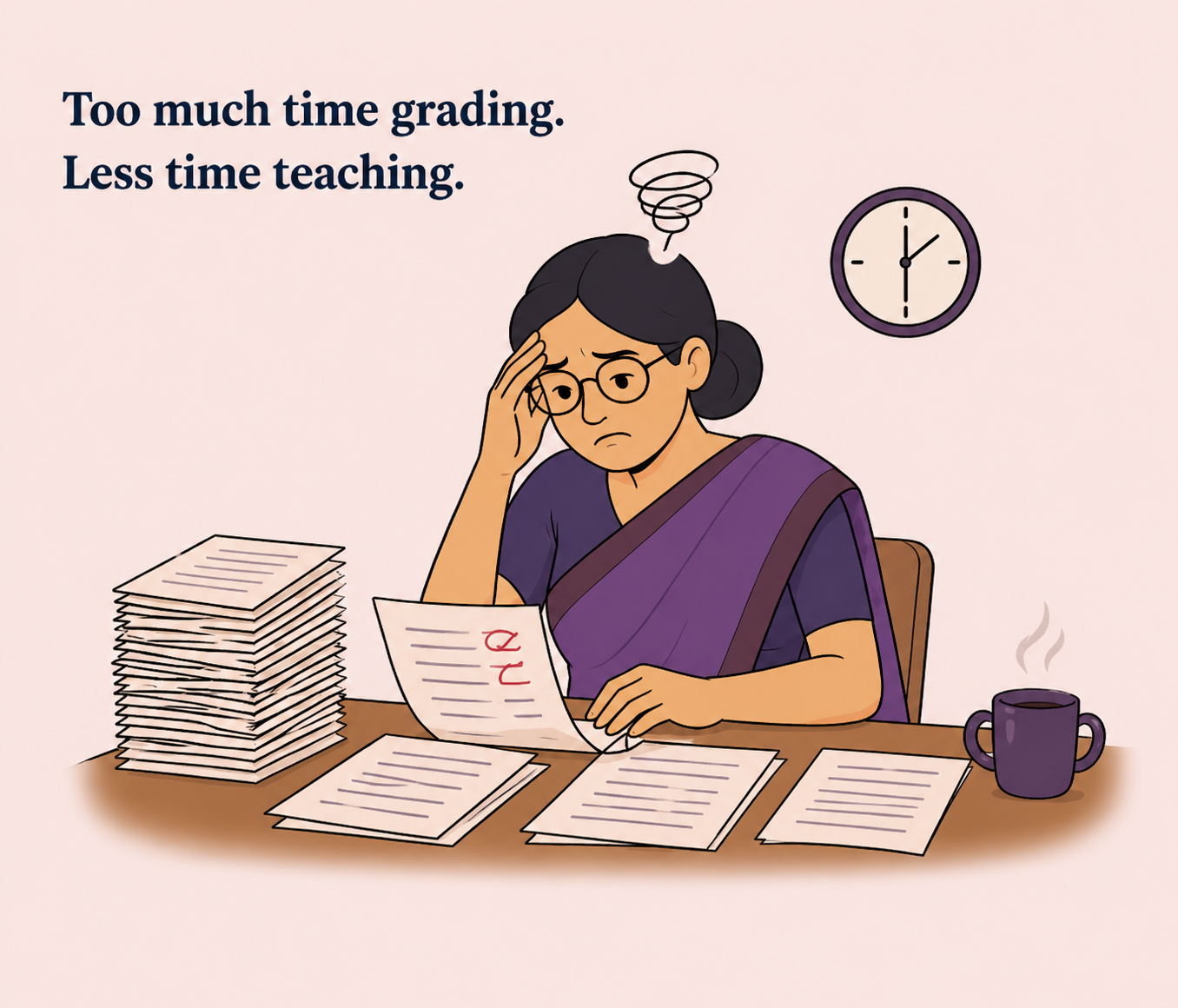 Teacher overwhelmed with stacks of papers to grade manually